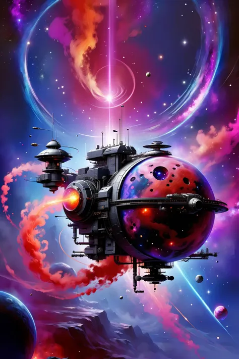 a spaceship flying through space with a bright red and blue light