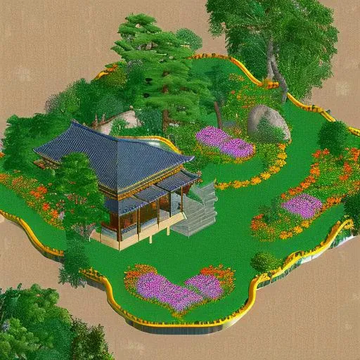 <lora:n3rct_v1:1.0>, day time, (n3rct isometric image), realistic, (high quality), (high resolution), asian garden, dojo on top of a cliff