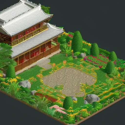 <lora:n3rct_v1:1.0>, day time, (n3rct isometric image), realistic, (high quality), (high resolution), asian garden, dojo