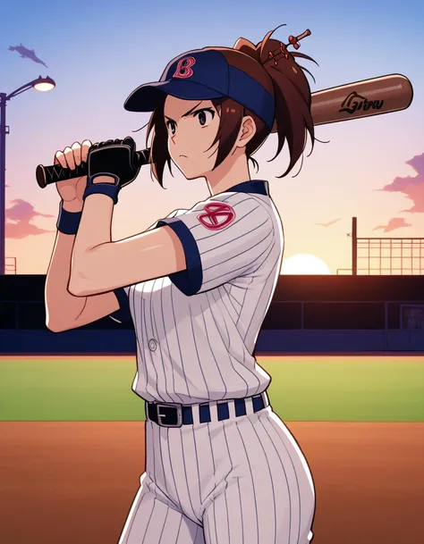 score_9, score_8, score_7, source_anime,
<lora:fuu-ponyxl-000015:1> fuu, hair ornament, hair stick, ponytail, 1girl, baseball, sunset, serious, pitching, baseball mitt