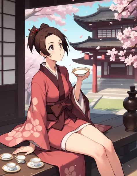 score_9, score_8, score_7, source_anime,
<lora:fuu-ponyxl-000015:1> fuu, kimono, hair ornament, hair stick, ponytail,
1girl, sitting, japanese east asian architecture, looking up, teacup, cherry blossoms