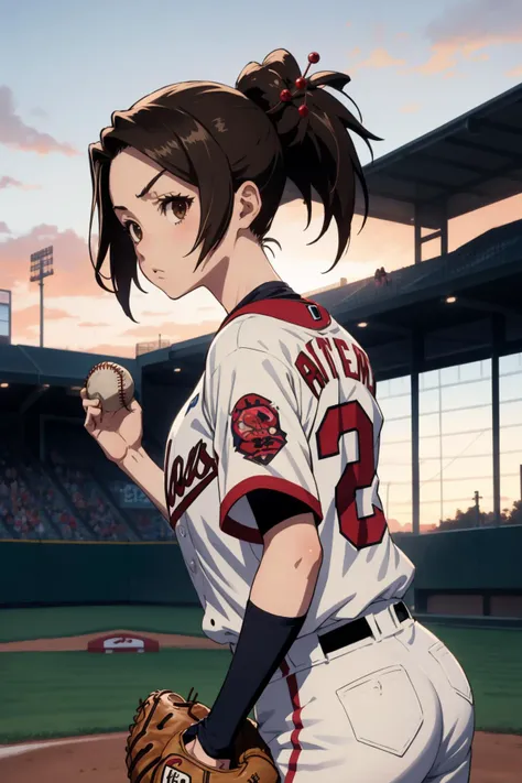 <lora:fuu-000025:1> fuu, hair ornament, ponytail, 
1girl, baseball, sunset, serious, pitching, baseball mitt,