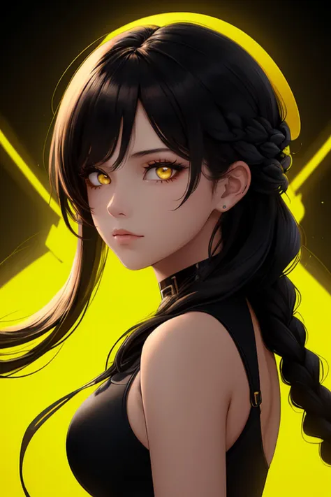 ((high quality:1.2, masterpiece:1.2)), 1girl, beautiful face, golden hour, (black hair, yellow eyes, waterfall braid), cyberpunk...