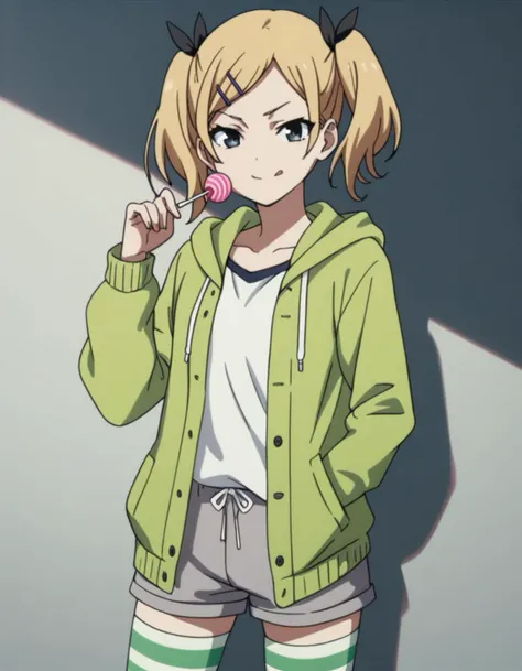 score_9,  score_8_up, score_7_up, source_anime, Erika Yano <lora:Shirobako-Erika_Yano-PDXL:0.7>,
1girl, smug, pouty lips, white shirt, grey shorts, grey thighhighs, open hoodie, green hoodie, horizontal-striped thighhighs,
cowboy shot, lollipop