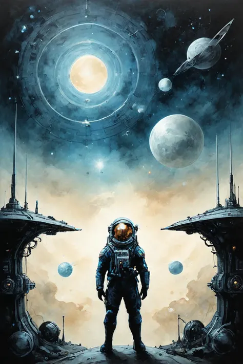 a painting of a man in a space suit standing in front of a space station