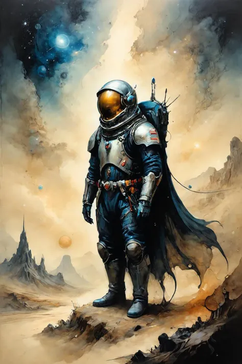 a painting of a man in a space suit standing on a desert