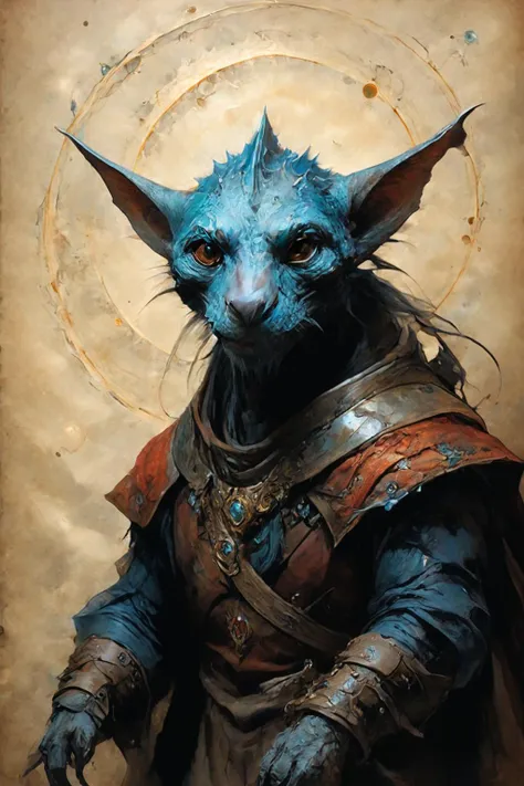 a painting of a blue creature with a large head and a large tail