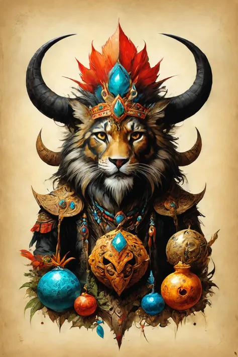 a painting of a lion with horns and ornaments on it