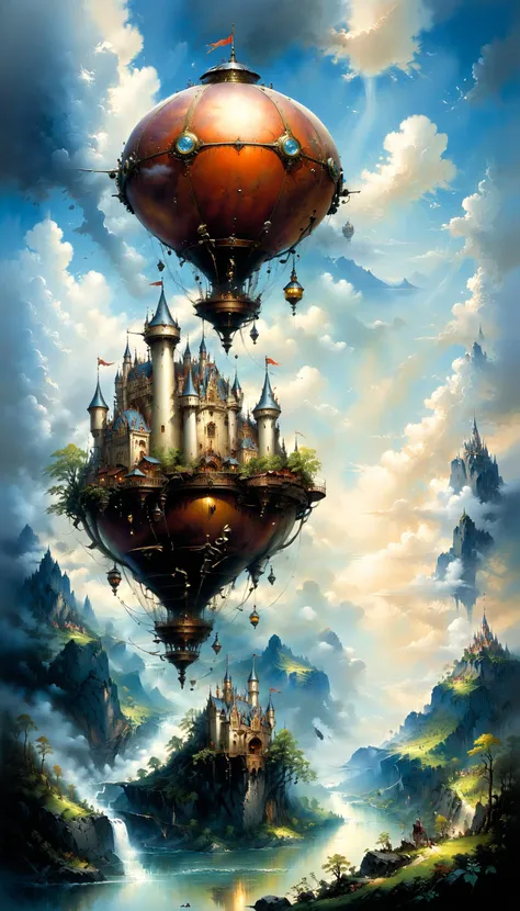 a painting of a castle floating in the sky with a castle on top