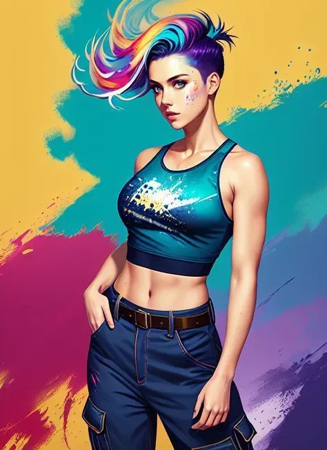 glen orbik award winning half body portrait of a woman in a croptop and cargo pants with ombre navy blue teal hairstyle with hea...