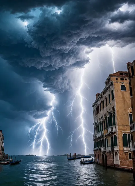 a close up of a boat in a body of water with a lightning bolt in the sky