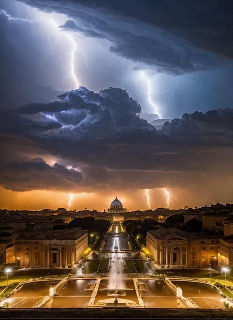 arafed view of a city with a large building and a lightning bolt