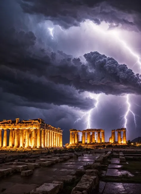 lightning strikes over the ruins of the ancient greek city of paesti