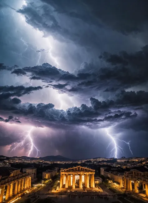 a lightning storm is seen over the ancient city of athens