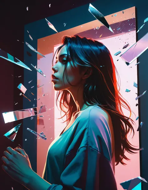 RaeXL woman, long hair,  breathtaking colors, style by Ilya Kuvshinov , shattered dimension, standing behind  a broken mirror , surrounded by shards of glass, creating a striking and intriguing composition. dark room, with the woman standing in the backgro...