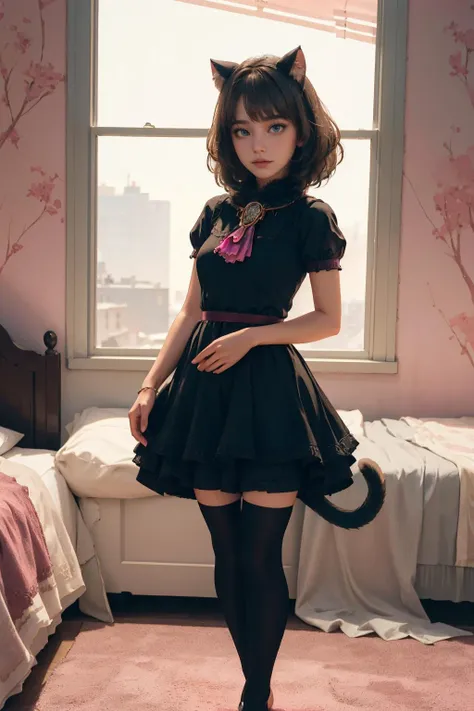 a close up of a woman in a black dress and cat ears