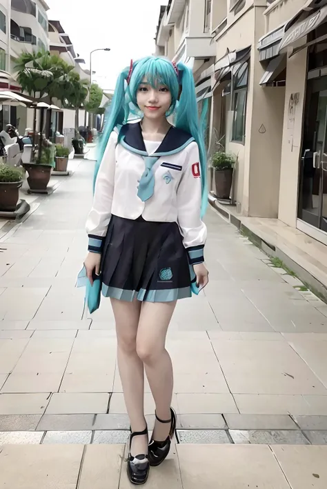 araffe dressed in a sailor outfit and blue hair standing on a sidewalk