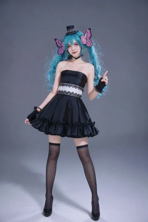 1girl, 
hatsune miku,  
(8k:1.2), (RAW photo:1.2), (beautiful and aesthetic:1.2), complex detail, hatsune miku cosplay costume, cosplay, twintails, aqua hair, very long hair, strapless dress, dress, fingerless gloves, mini hat, butterfly hair ornament, hai...