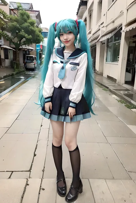 araffe girl with blue hair and a white shirt and black skirt