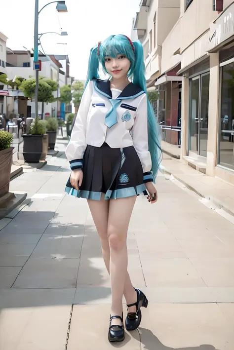 araffe dressed in a sailor outfit and high heels standing on a sidewalk