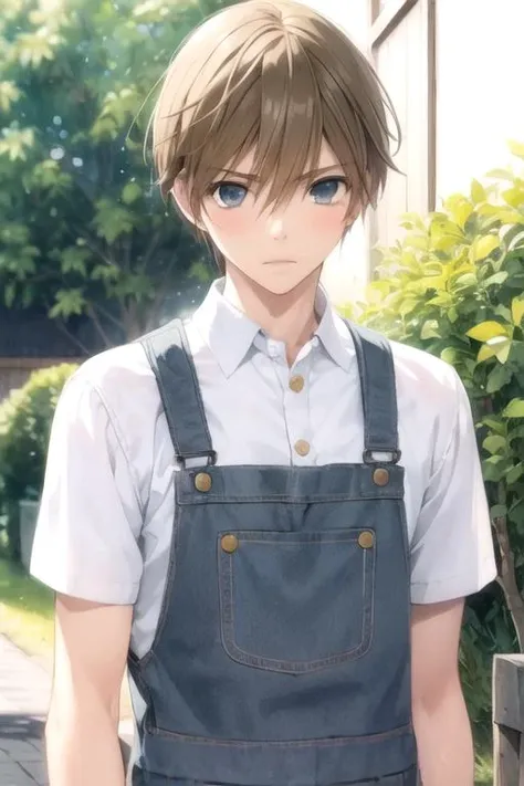 masterpiece, best quality, movie still, 1boy, solo, male focus, looking at viewer, , , (watercolor illustration, soft pastel colors:1.1), realistic, <lora:shinobu_takatsuki:0.74>, shinobu_takatsuki, blonde hair, grey eyes, overalls, , grimdark, 32k resolut...