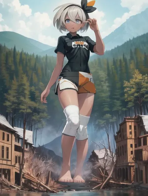 beautiful, masterpiece, best quality, extremely detailed face, perfect lighting, 1girl, solo, grey eyes, <lora:Bea:0.9>,bea (pokemon), bodysuit, black bodysuit, print shirt, print shorts, knee pads, masterpiece, ((official art)), (detailed eyes, deep eyes)...