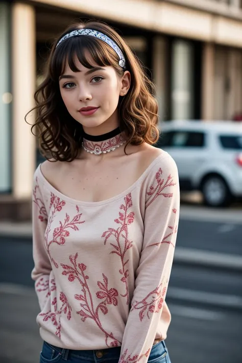 (masterpiece, best quality), 1girl, collarbone, curly hair, looking at viewer, blurry foreground, upper body, choker, contemporary, long sleeves, turtleneck shirt, jeans, ((intricate, print, pattern)), medium hair, freckles, brown hair, hairband, happy, ma...