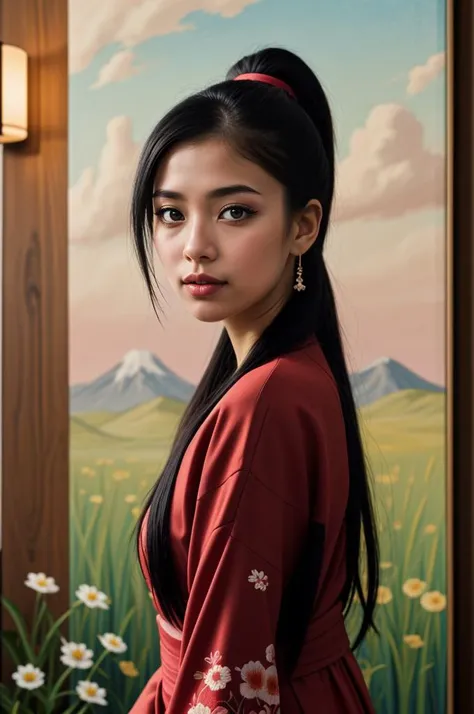 girl, beautiful detailed eyes, beautiful detailed lips, extremely detailed eyebrows and face, long eyelashes, stripe bead necklace, black hair styled in a spiked ponytail, wearing a simple kimono with red open clothes. The artwork is created using oil pain...