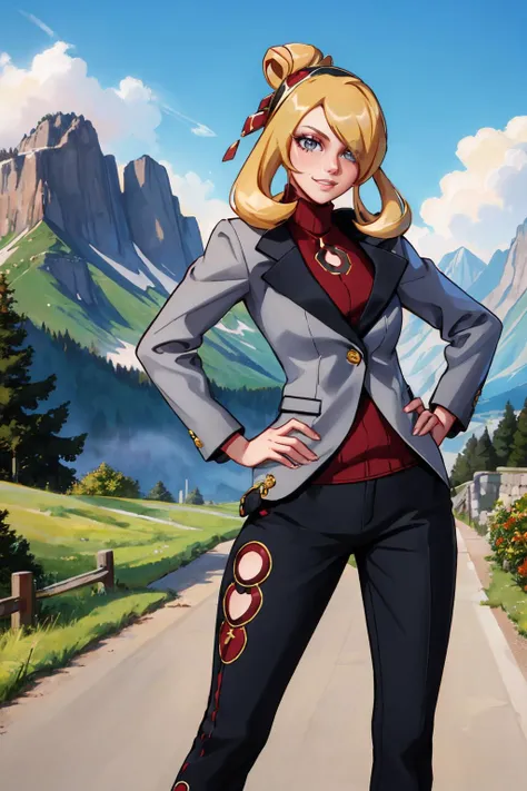 (masterpiece, best quality:1.2), solo, 1girl, sygCynthia, smile, looking at viewer, hand on hip, contrapposto, hair over one eye, hair bun, hairband, grey jacket, red sweater, clothing cutout, black pants, outdoors, mountain <lora:pkmncynthia-nvwls-v1:1>