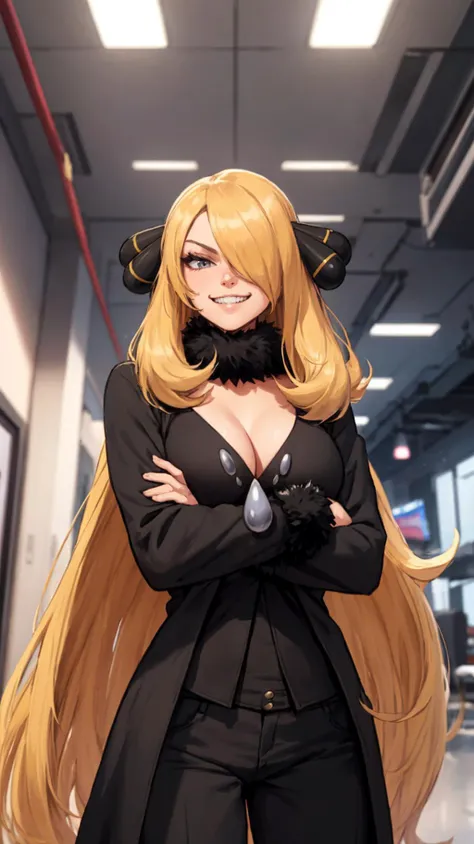 <lora:pkmncynthia-nvwls-v1:1> defCynthia, very long hair, hair over one eye, hair ornament, fur collar, cleavage, black gown, long sleeves, black pants, crossed arms, indoors tech building, smirk, from below, grin, looking at viewer, condescending