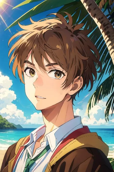 masterpiece, best quality, game cg, 1boy, solo, male focus, looking at viewer, , , <lora:haru_katou:0.74>, haru_katou, brown hair, brown eyes, , , A tropical paradise where the sun shines brightly every day,