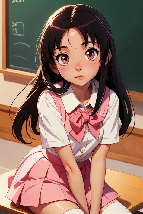 anime girl sitting on a desk in front of a chalkboard