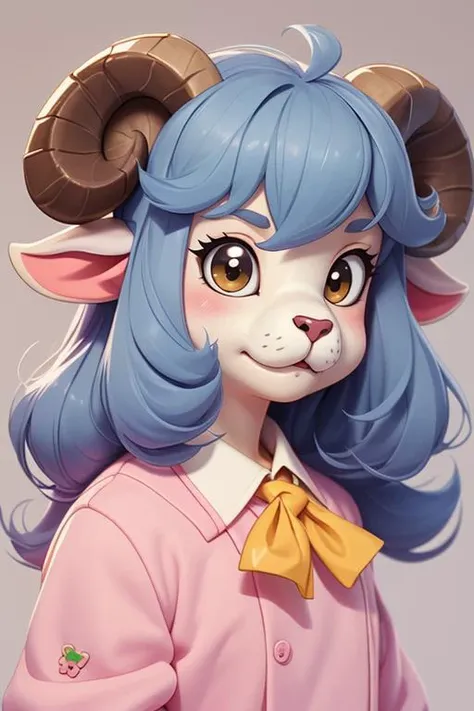 anime character of a girl with blue hair and a goat's head