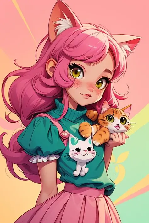 1 anime cat girl, cat face, (animal cat),  kawaii face, vintage anime style, pastel color