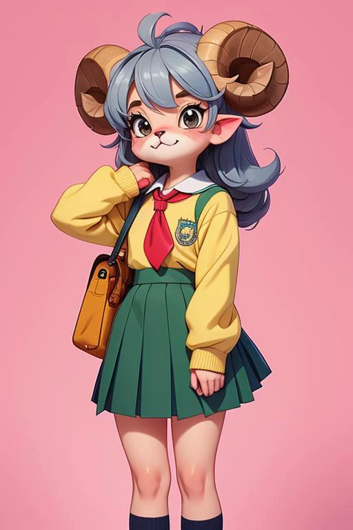 1 anime sheep, furry, kawaii, vintage anime style, soft pastel color, school uniform, soft color, grey, detailed, HD, 8k,  matured body