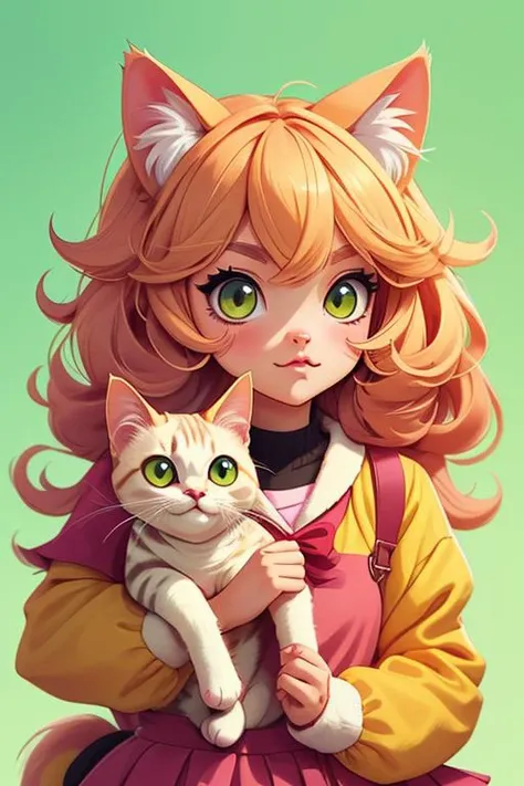 1 anime cat girl, cat face, animal cat,  kawaii face, vintage anime style, pastel color