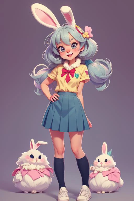 1 anime bunny,  furry, kawaii, vintage anime style, soft pastel color, school uniform, soft color, grey, detailed, HD, 8k, easter egg, easter day