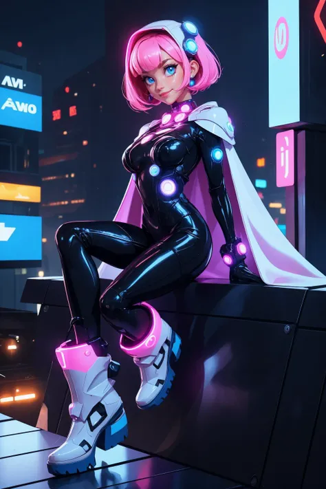 1girl, solo, big eyes, short hair, blunt bangs, pink hair, blue eyes, 
looking at viewer, smile, sitting on the edge of a roof,
futuristic head piece, head decoraction, bolero, cape, bodysuit,shiny, glossy,  (white glowing), gloves, boots, <lora:0411 gantz...