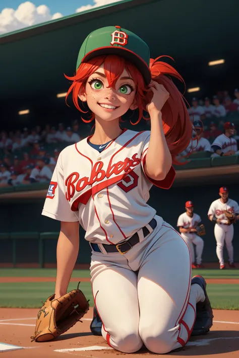 1girl, solo, big eyes, long hair, ponytail, hair between eyes, green eyes, red hair, (freckles, (baseball cap (smile:1))), looking at viewer, (kneeling on one leg),
baseball uniform, baseball field, baseball glove,
(masterpiece:1.2), (best quality:1.2), fu...