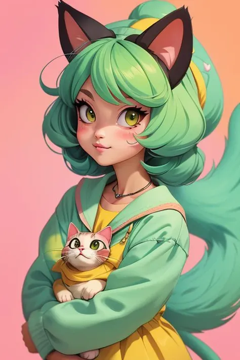 a close up of a person holding a cat with a green hair