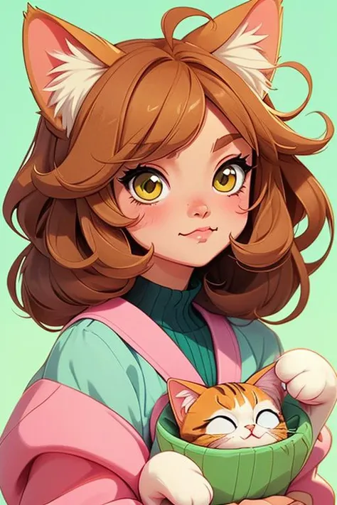 1 anime cat girl, cat face, animal cat,  kawaii face, vintage anime style, pastel color