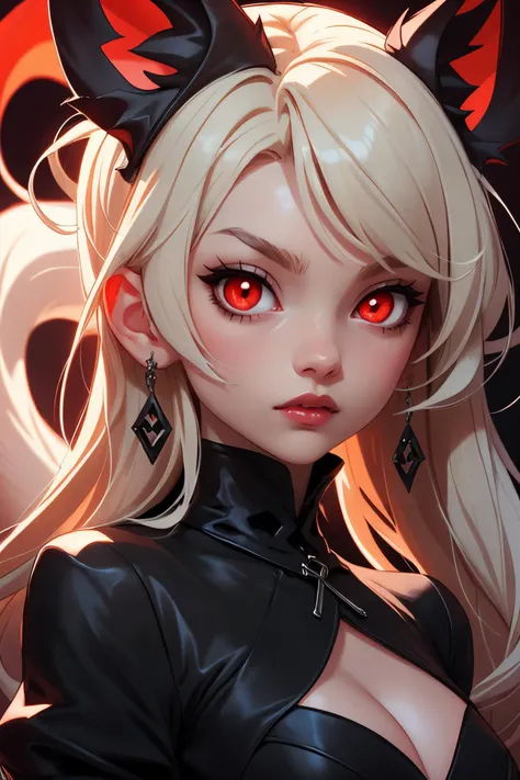 1 anime girl portrait,  grey soft color, wearing black gothic dress, gothic style, beautiful illustration wallpaper, different pupils, red glowing eyes, close up, holding a black monster,   double tails hair, half is red, half is white, black nail