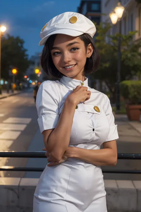 Aether_Foundation_Employee_Pokemon, dark skin, white cabbie hat, black hair, white uniform, looking at viewer, smiling, medium shot, standing, outside, city, night time,  high quality, masterpiece, <lora:Aether_Foundation_Employee_Pokemon:.7>