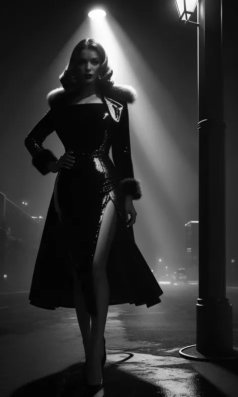 filmnoir1944, 1girl, photorealistic, best quality, masterpiece, depth of field, uhd, 8k, cinematic lighting, 1940s style, smoking, god rays, street lamp, dark city, darkness, single light source, full body, wide angle shot, dark mood, film grain, 1 woman, ...