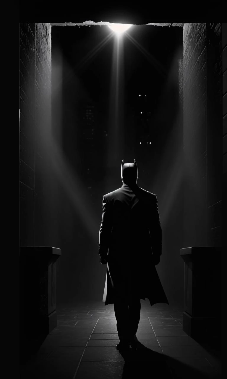 filmnoir1944, photorealistic, best quality, masterpiece, depth of field, uhd, 8k, cinematic lighting, 1940s style, god rays, darkness, single light source, full body, wide angle shot, dark mood, film grain,  dark city, Gotham city,  batman,