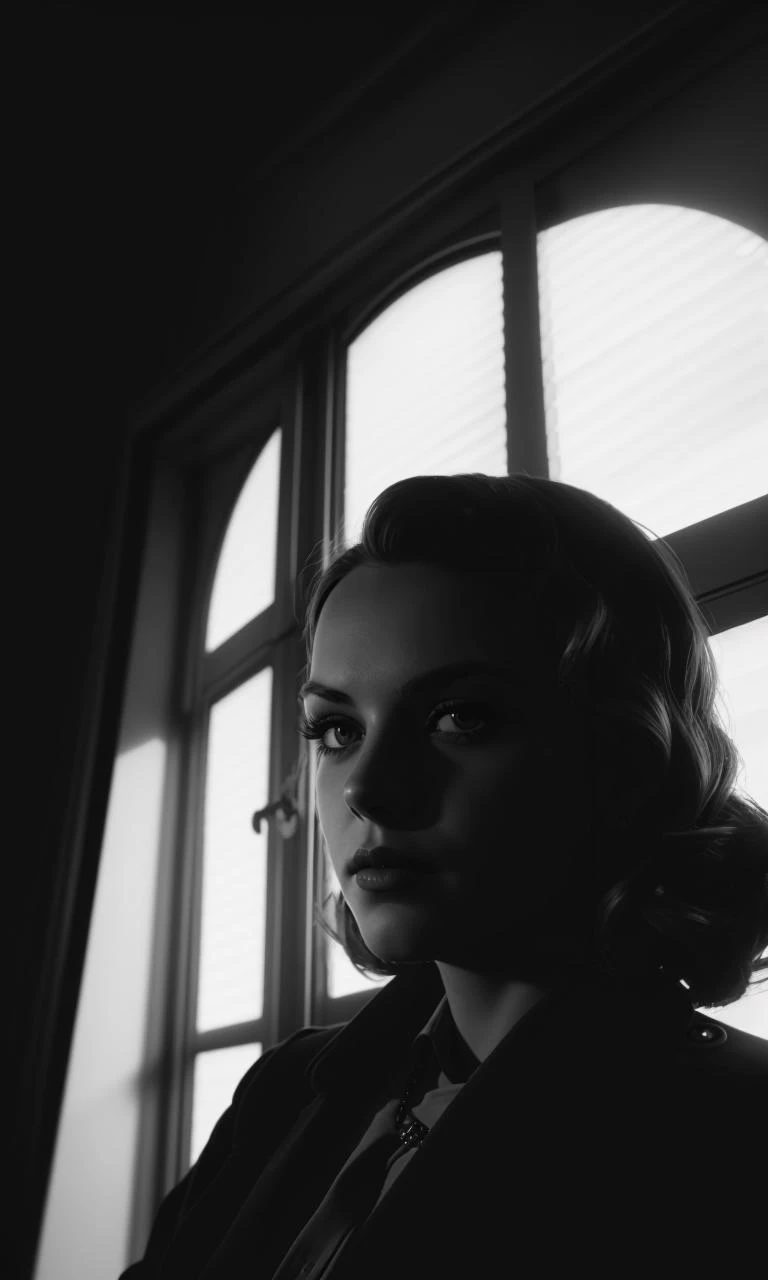 filmnoir1944, 1girl, photorealistic, best quality, masterpiece, depth of field,  uhd, 8k, detailed eyes, cinematic lighting, 1940s style, femme fetale, detective office, window shutters, shadows, dimly lit