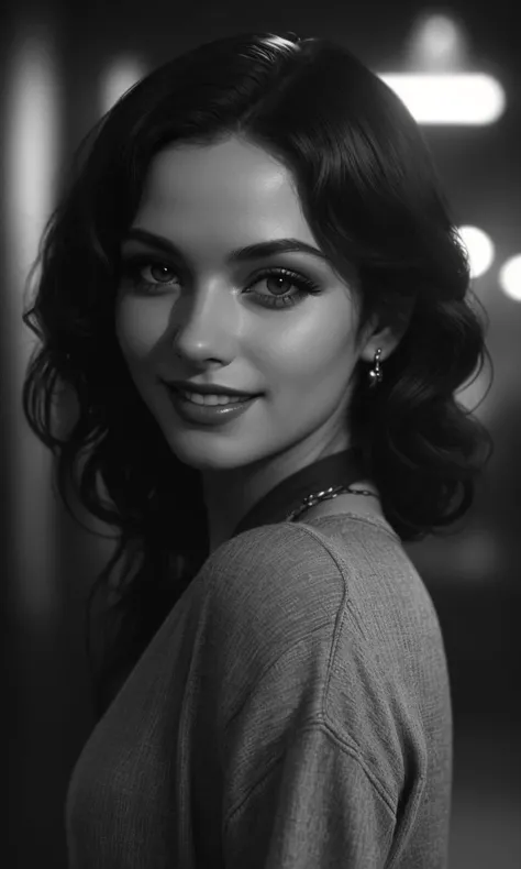 filmnoir1944, 1girl, photorealistic, best quality, masterpiece, depth of field, smile, uhd, 8k, detailed eyes, cinematic lighting,