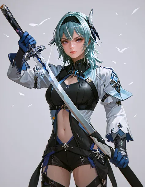 a woman with blue hair holding a sword and a sword