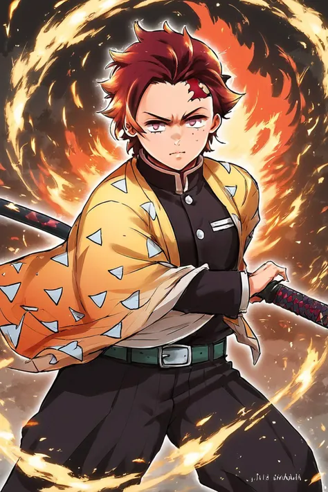 a cartoon image of a man holding a sword in front of a fire