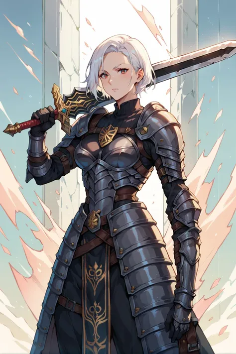 a woman in armor holding a sword and a sword in her hand